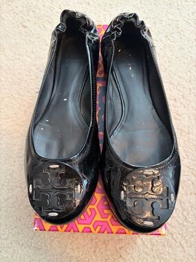 Tory Burch Black Patent Logo Reva Ballet Flats 9.5